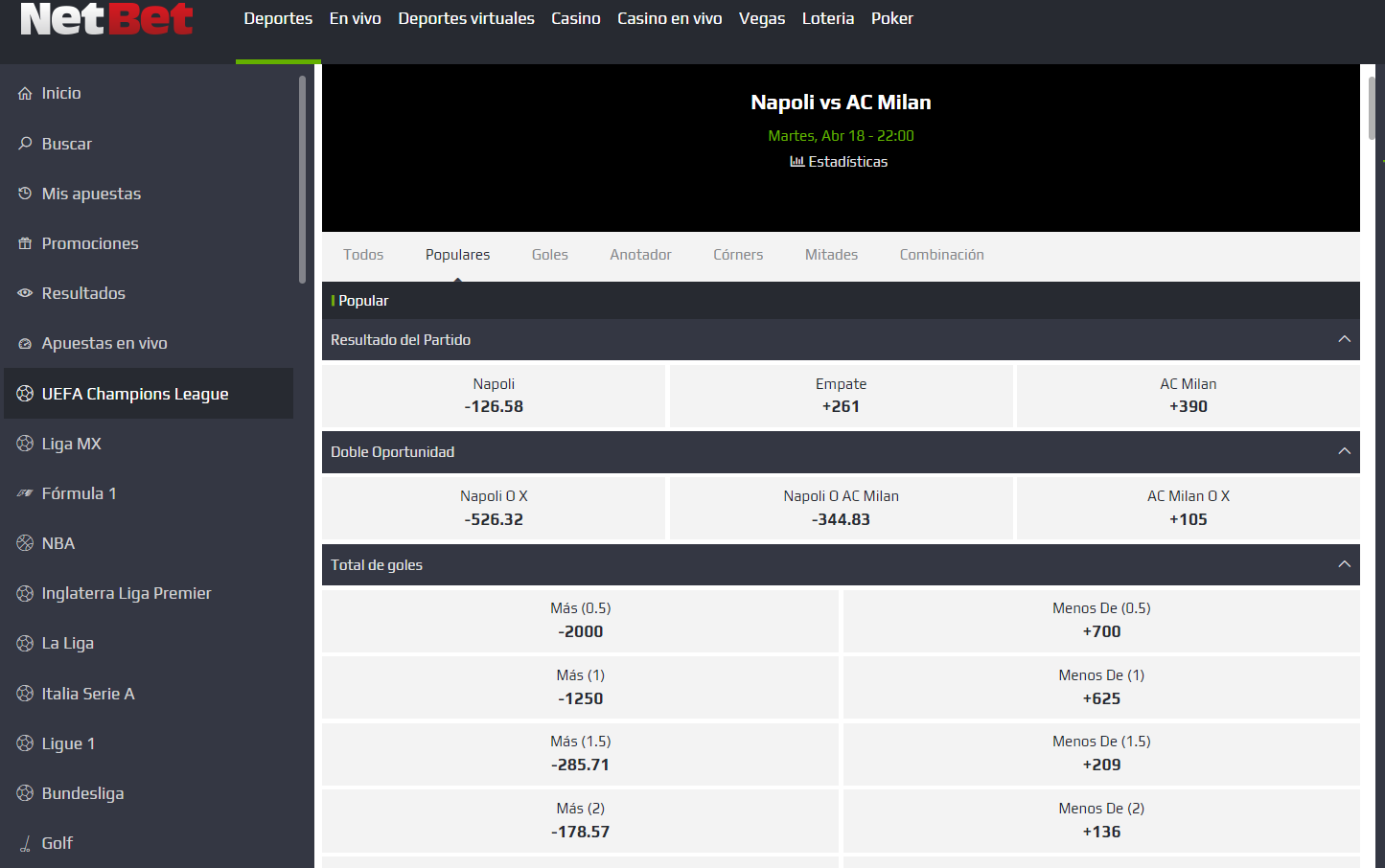 Página de netbet mexico mostrando la opción UEFA Champions League Sitio web netbet mexico mostrando la opcion de deportes UEFA Champions League